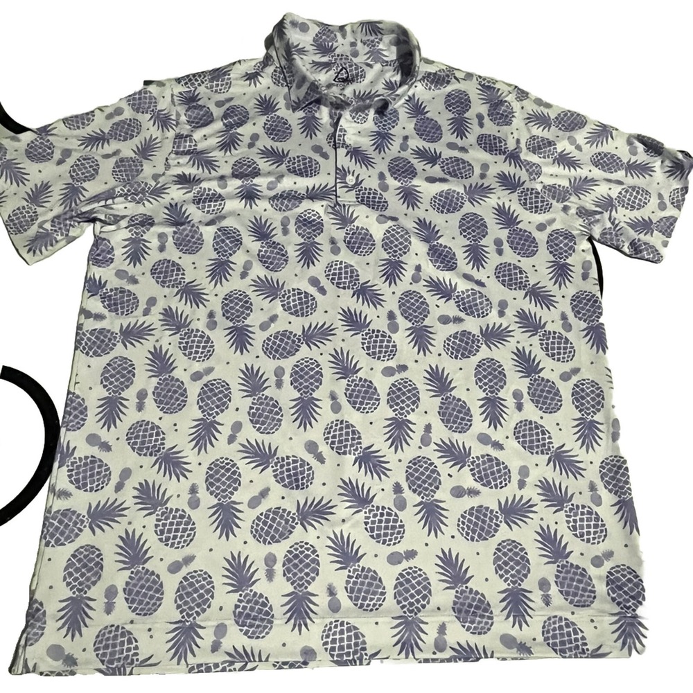 Deolax Men's Golf Polo Shirt Blue Pineapple Print Comfort Stretch Soft‎ Size XL